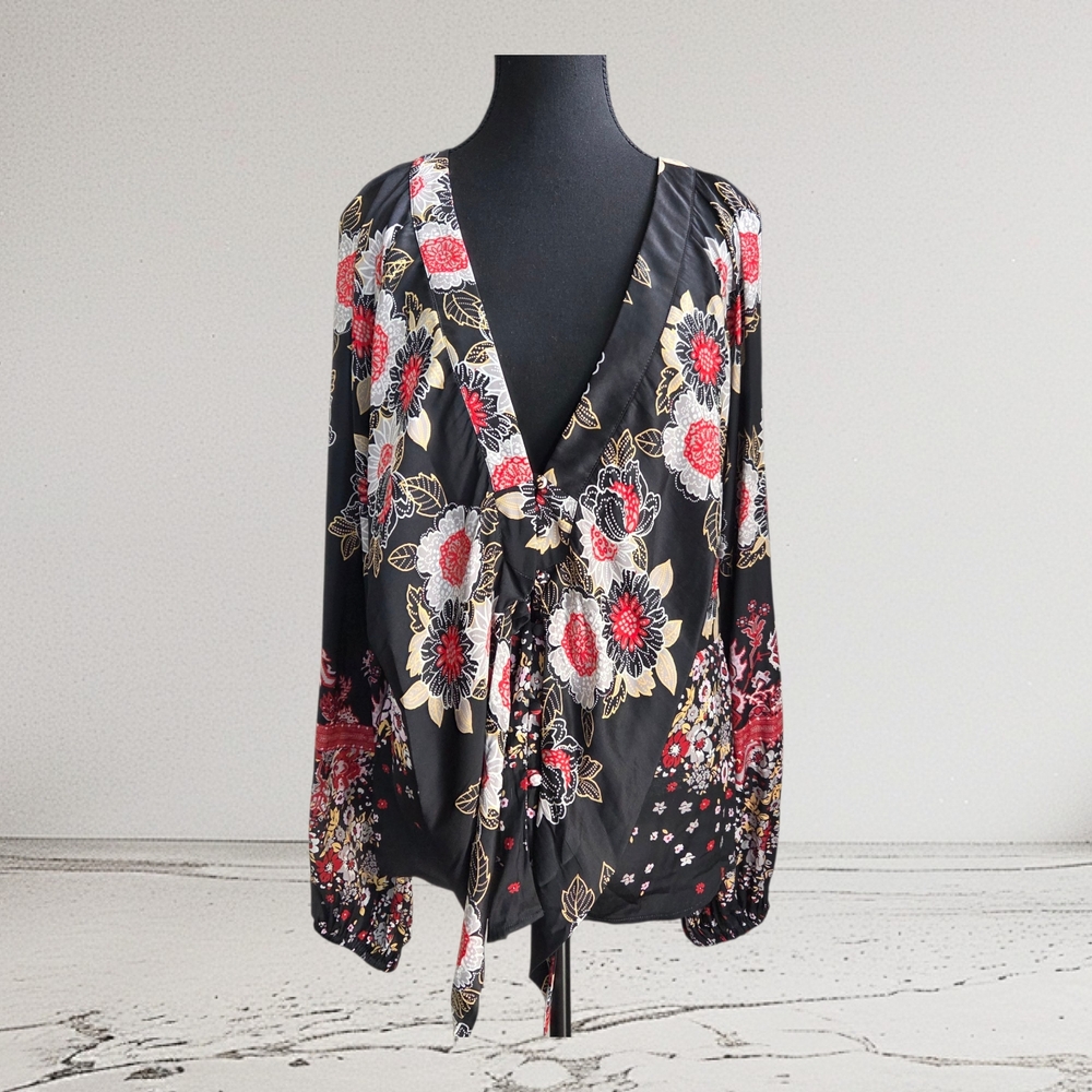 Free People Black And Red Long Sleeve Tie Front Blouse Size XL
